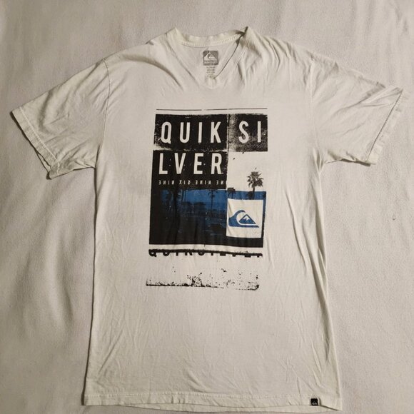 Quiksilver T-Shirt Men's Size XL White 100% Cotton Graphic Print Pullover V-Neck - Picture 1 of 5